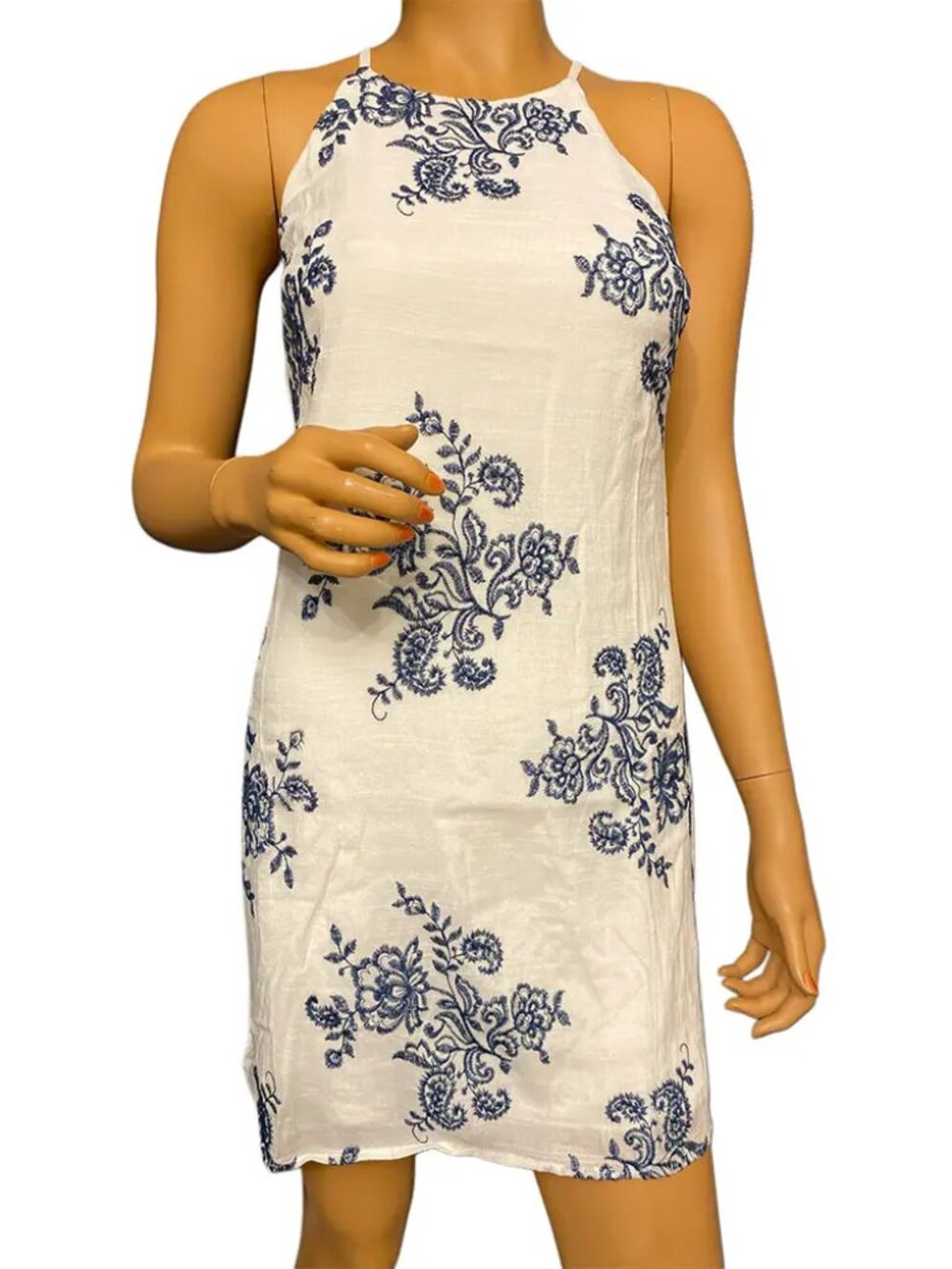 BCX Floral Embroidered Halter Dress White Navy Blue